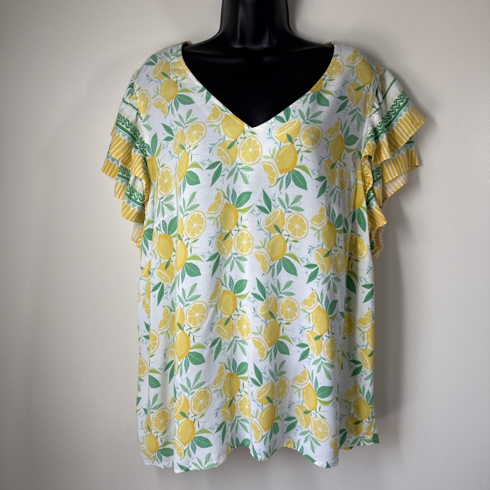 C&C California Tunic Top Lemon Graphic Quirky Casual Shirt Size 2X Ruffles